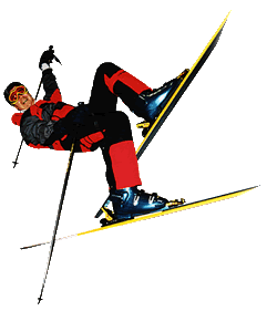 Downhill skier in red suit falling backwards.