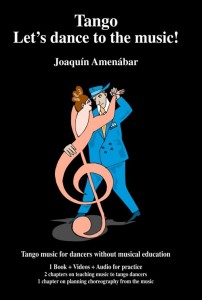 Cover image for the book TANGO! - LET'S DANCE TO THE MUSIC. Shows a cartoon man dressed in a blue suit dancing with a pink treble clef woman.